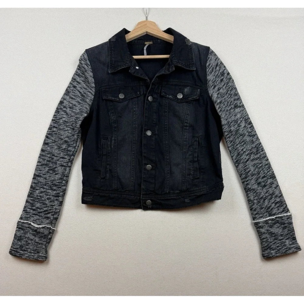Free People Women's Black Distressed Jean Jacket Sweatshirt Sleeves No Hood Sz M - Picture 2 of 12